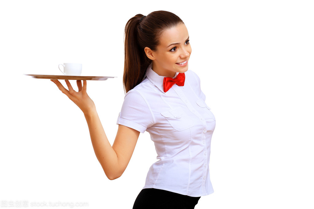 在一件白色襯衫的年輕女服務員